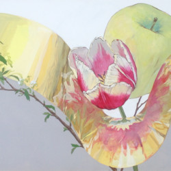 東京藝術大学デザイン科 平面構成 モチーフ:チューリップ、青リンゴ、切り金、白い花 使用画材:アクリスガッシュ (在校生徒作品)